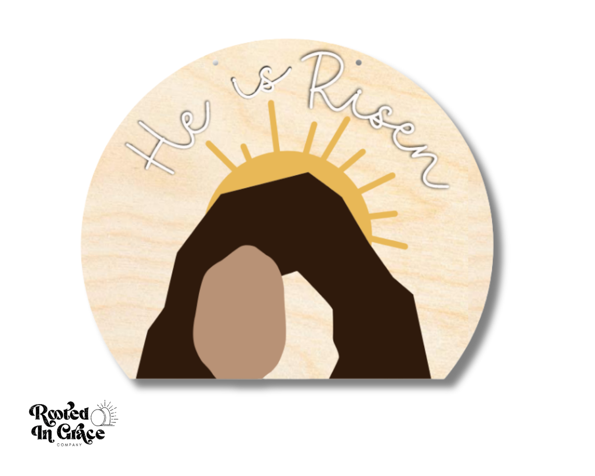 Unfinished Wood He Is Risen Door Sign Kit | Rooted in Faith | 18" | Wood Craft Cutouts | 1/4" Thick |