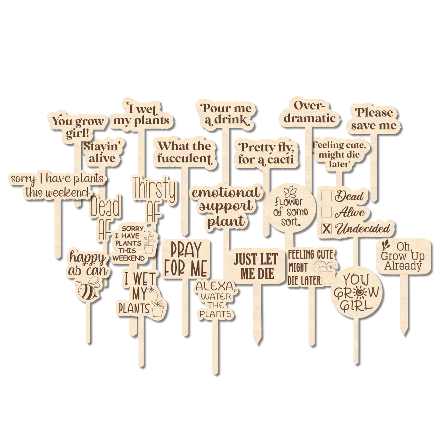 Unfinished Wood Funny Plant Stakes | 24 Options | 5" Tall | 1/8" Wood | Wood Craft Cutout