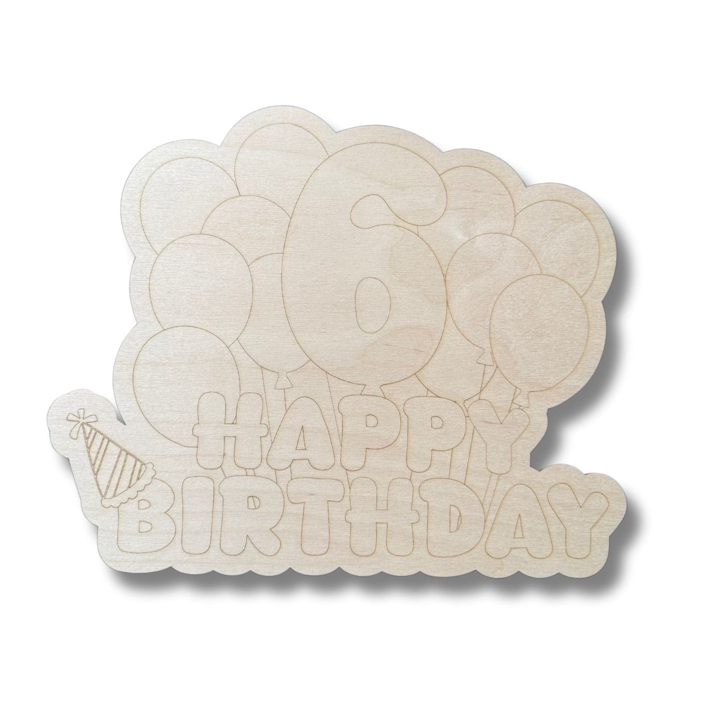Unfinished Wood Etched 6th Birthday Balloons Shape | Paint By Line Crafts | up to 30" DIY