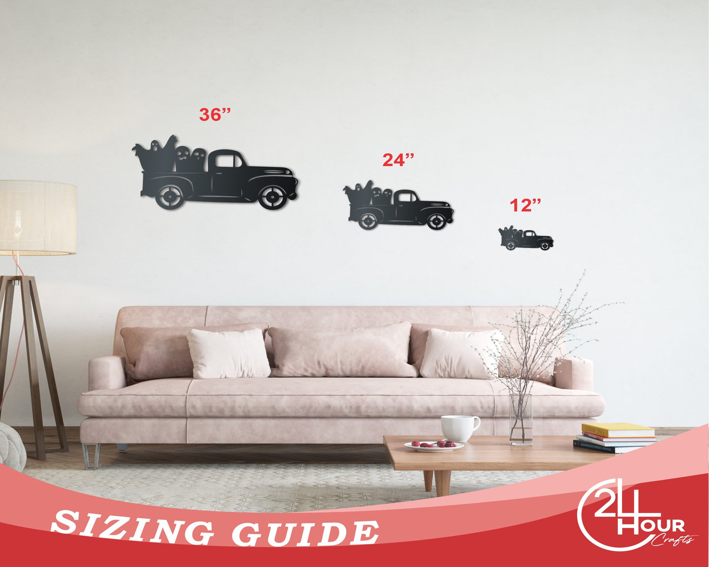 Metal Ghost Pickup Truck Wall Art | Halloween | Indoor Outdoor | Up to 36" | Over 20 Color Options