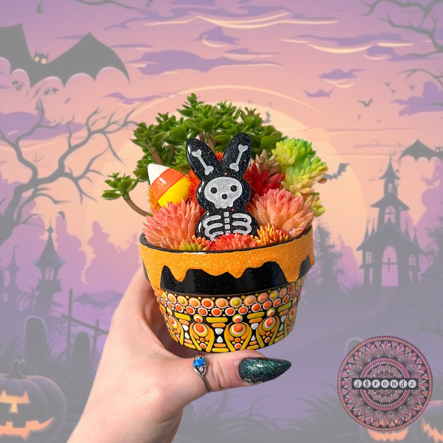 Candy Corn Spookulent Pot with Skeleton Peep