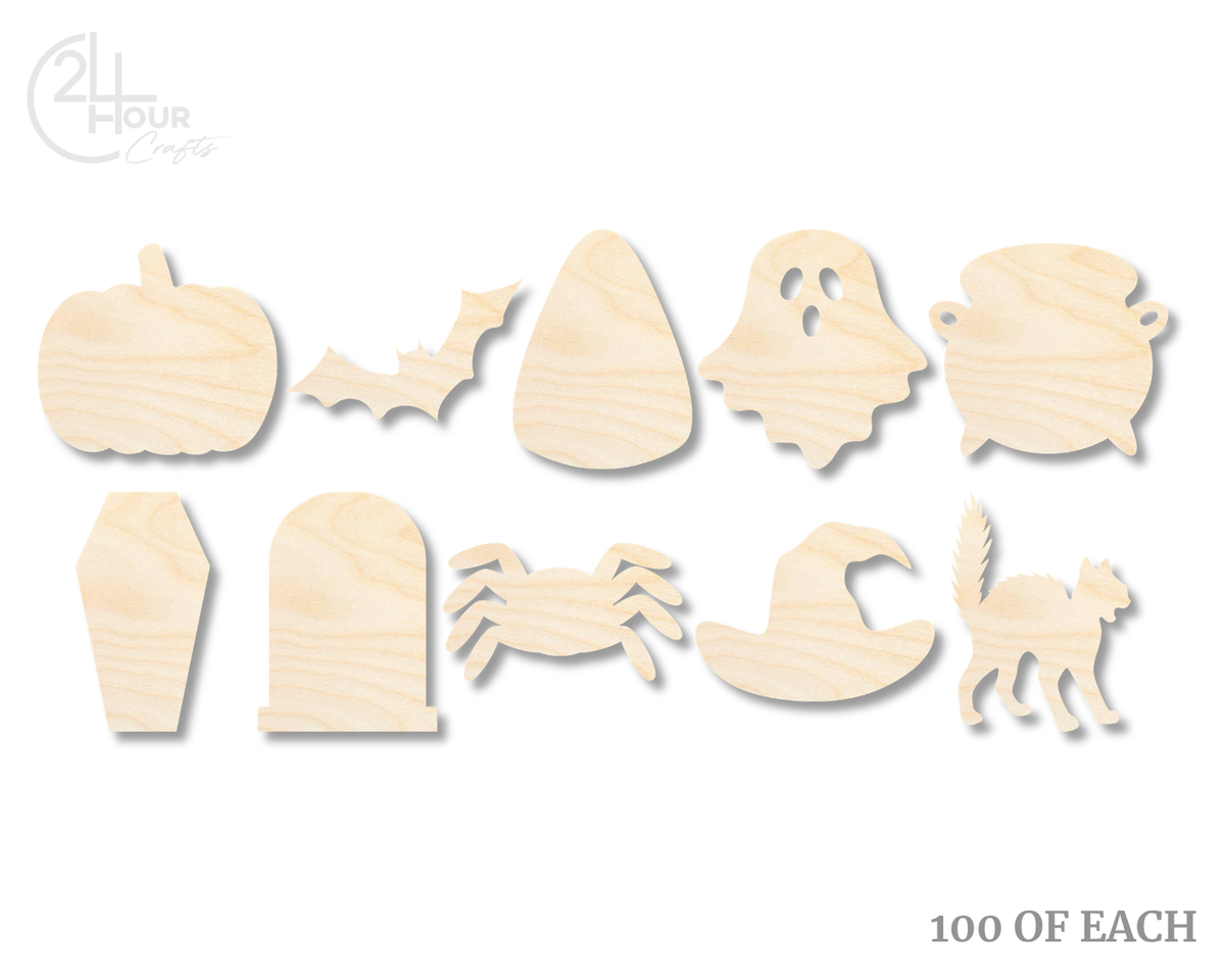 Unfinished Wood Halloween Craft Blanks | Bulk 1000 Piece Pack | Halloween Themed Shapes | 1/8" Thick Wood Cutouts | 4" or 5" DIY Craft Blanks | Wholesale Craft Supply