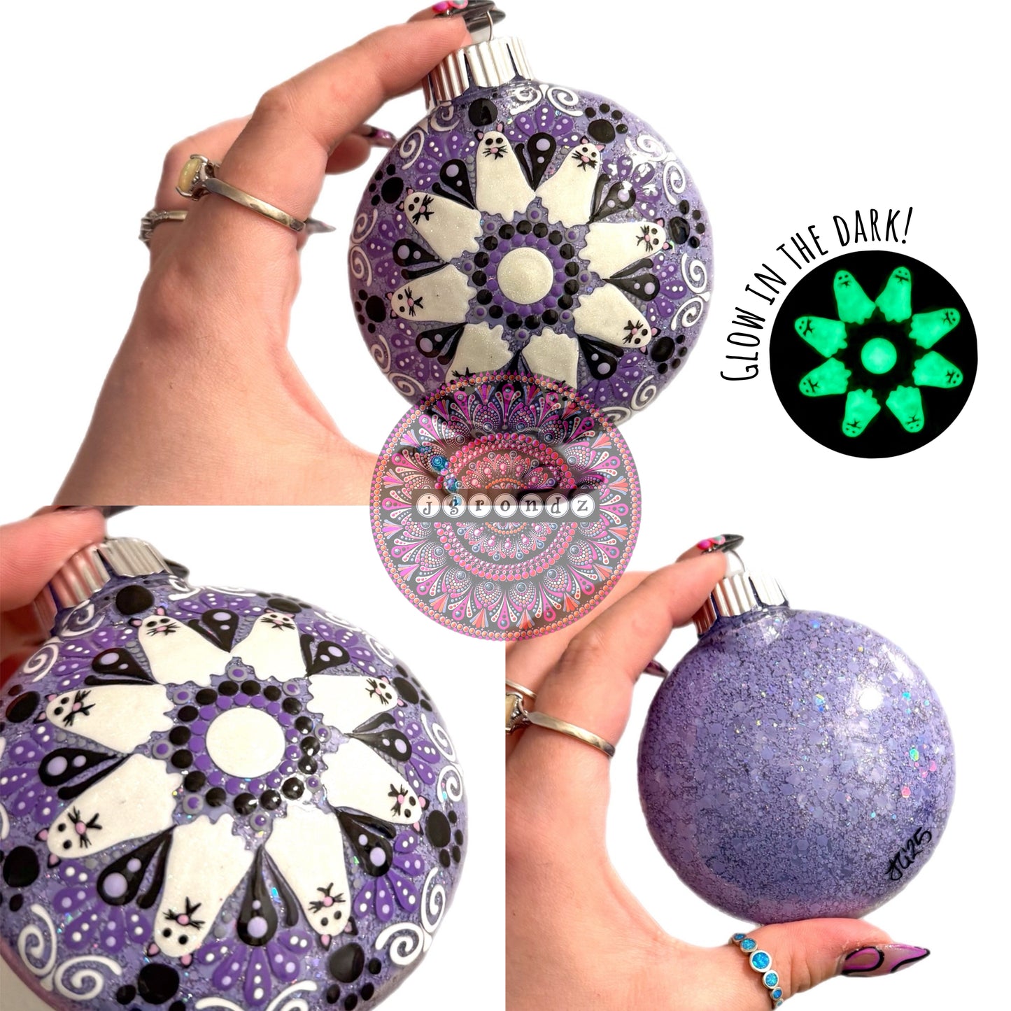 3” Halloween Ghost Kitty Mandala Glitter Ornament