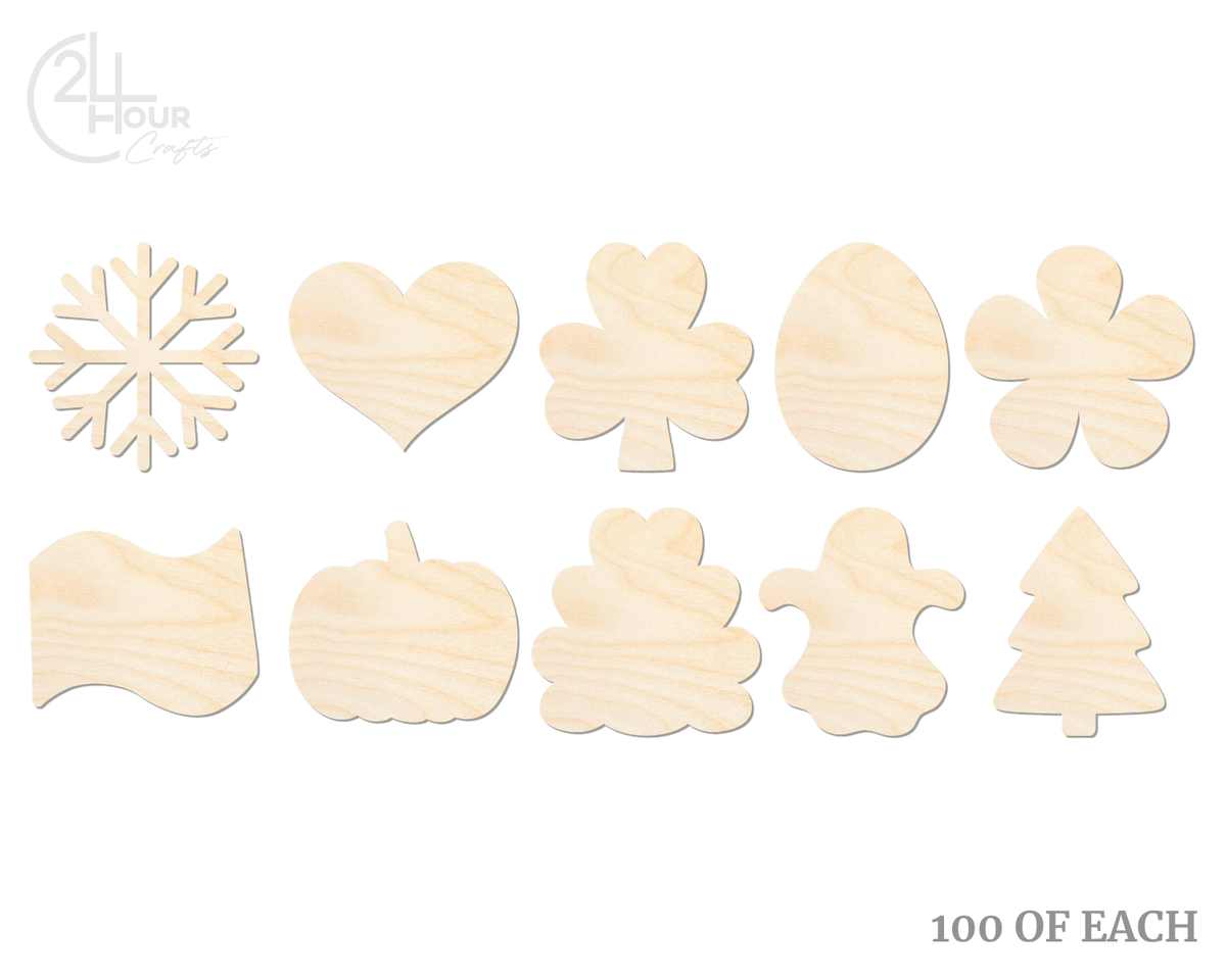 Unfinished Wood Craft Shapes | Bulk 1000 Piece Pack | Holiday | 1/8" Thick Wood Cutouts | 4" or 5" DIY Craft Blanks | Wholesale Craft Supply