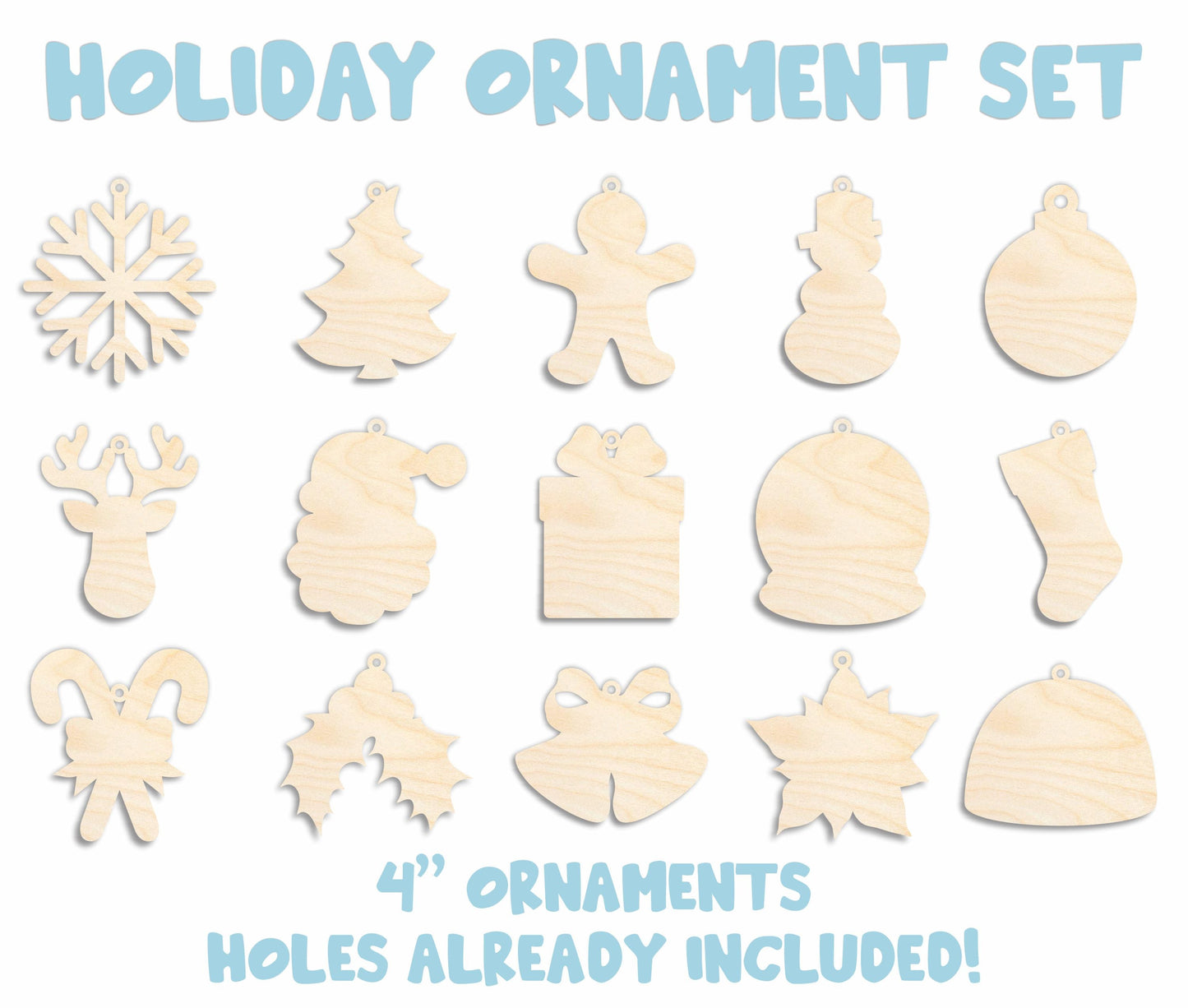 Unfinished Wood Stocking Stuffer DIY Ornament Craft Bundle | Christmas Wood Craft Cutouts | 1/8" Thick | Hanging Ready Cutouts with Holes!