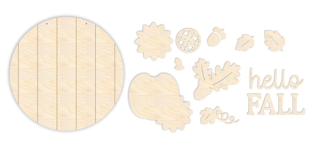 Unfinished Wood Hello Fall Pumpkin and Leaves Door Sign Kit | Wood Craft Cutouts | 1/4" Thick |