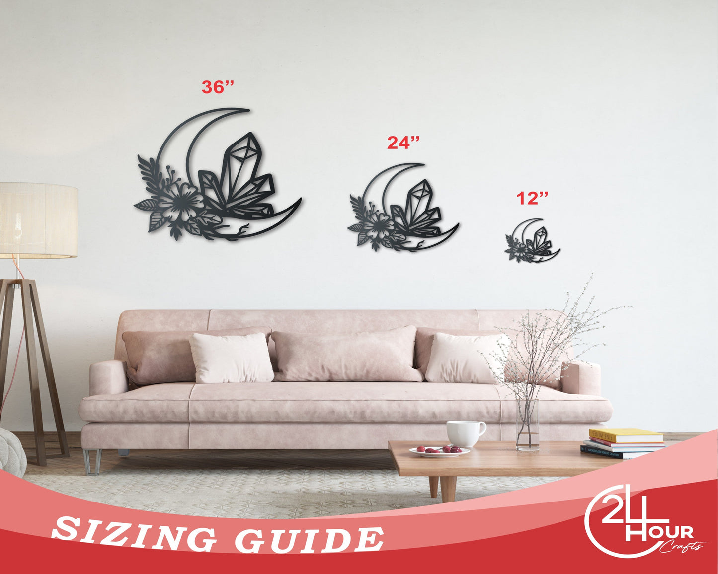 Metal Crystal Crescent Moon Wall Art | Indoor Outdoor | Up to 46" | Over 20 Color Options