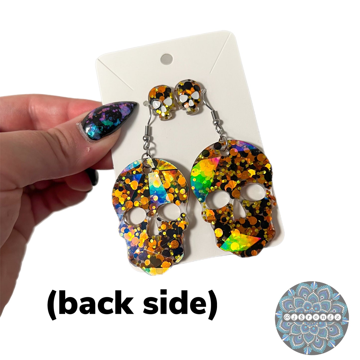 Halloween Glow In The Dark Skull Dangle and Stud Earring Set - Holographic Background