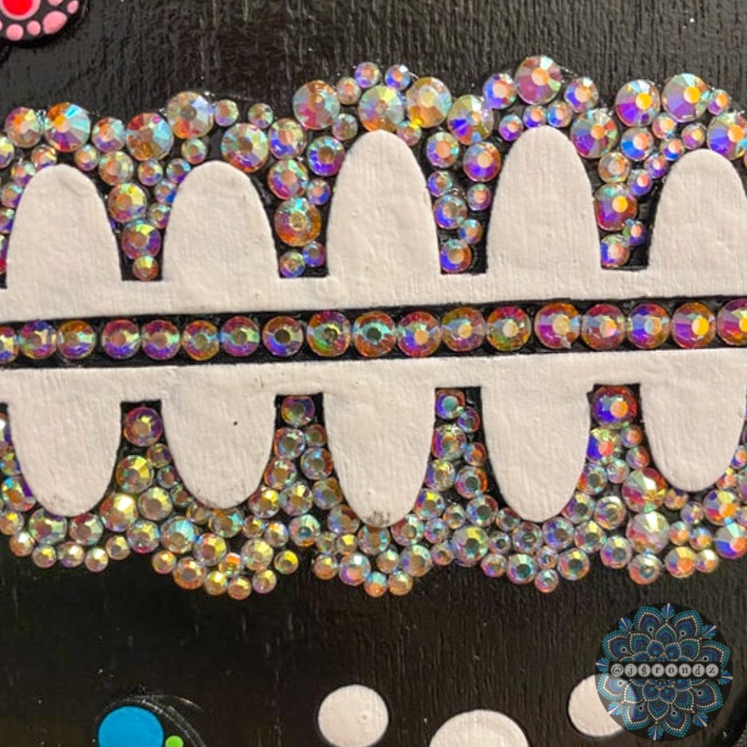Day of the Dead Sugar Skull Wooden Dot Art Painting with Rhinestone embellishment
