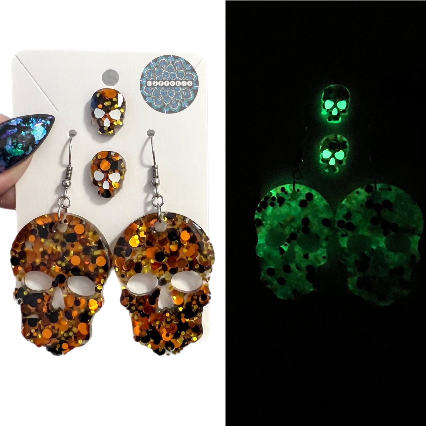 Halloween Glow In The Dark Skull Dangle and Stud Earring Set - Holographic Background