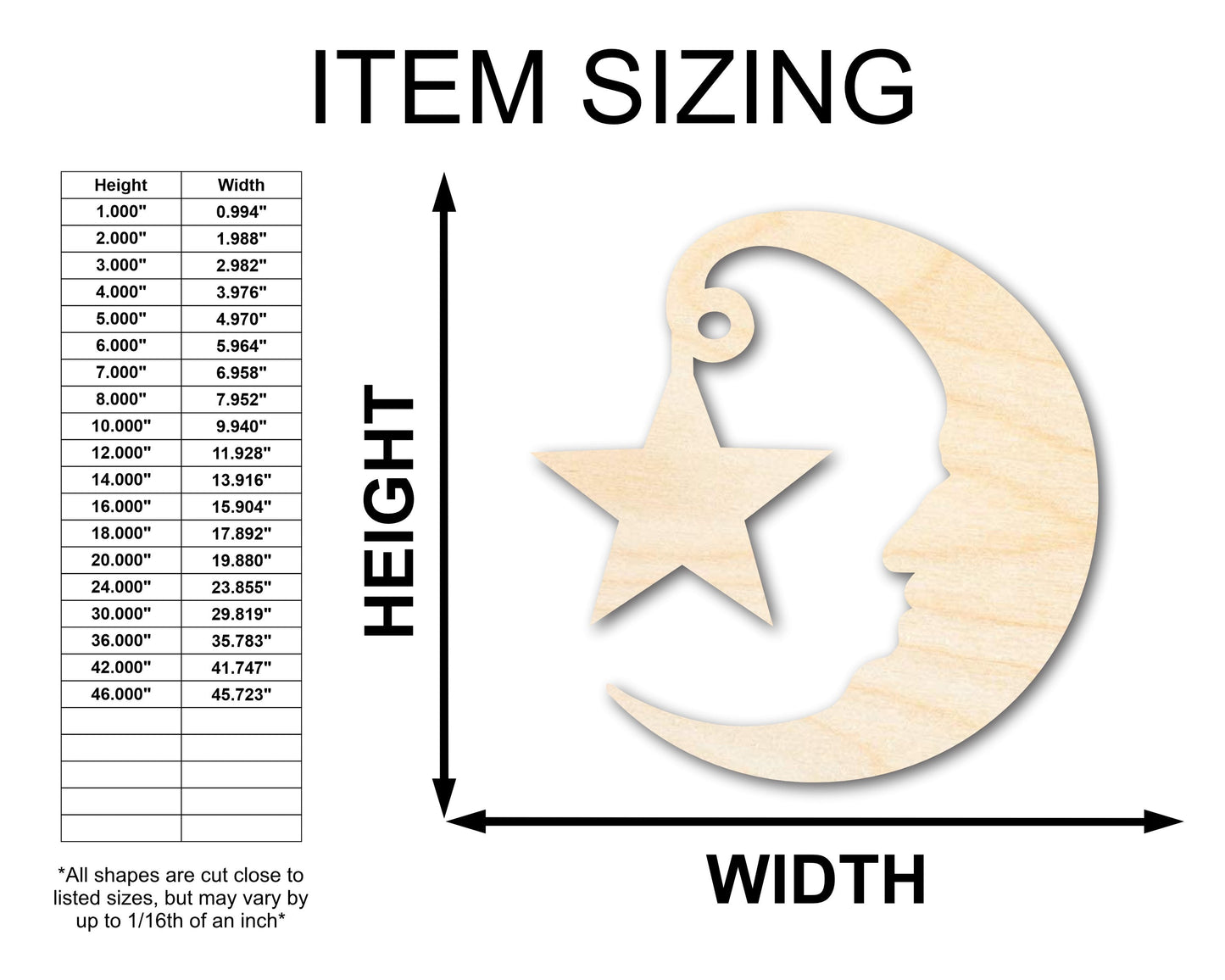 Unfinished Wood Moon and Star Silhouette Shape - Craft - up to 46"