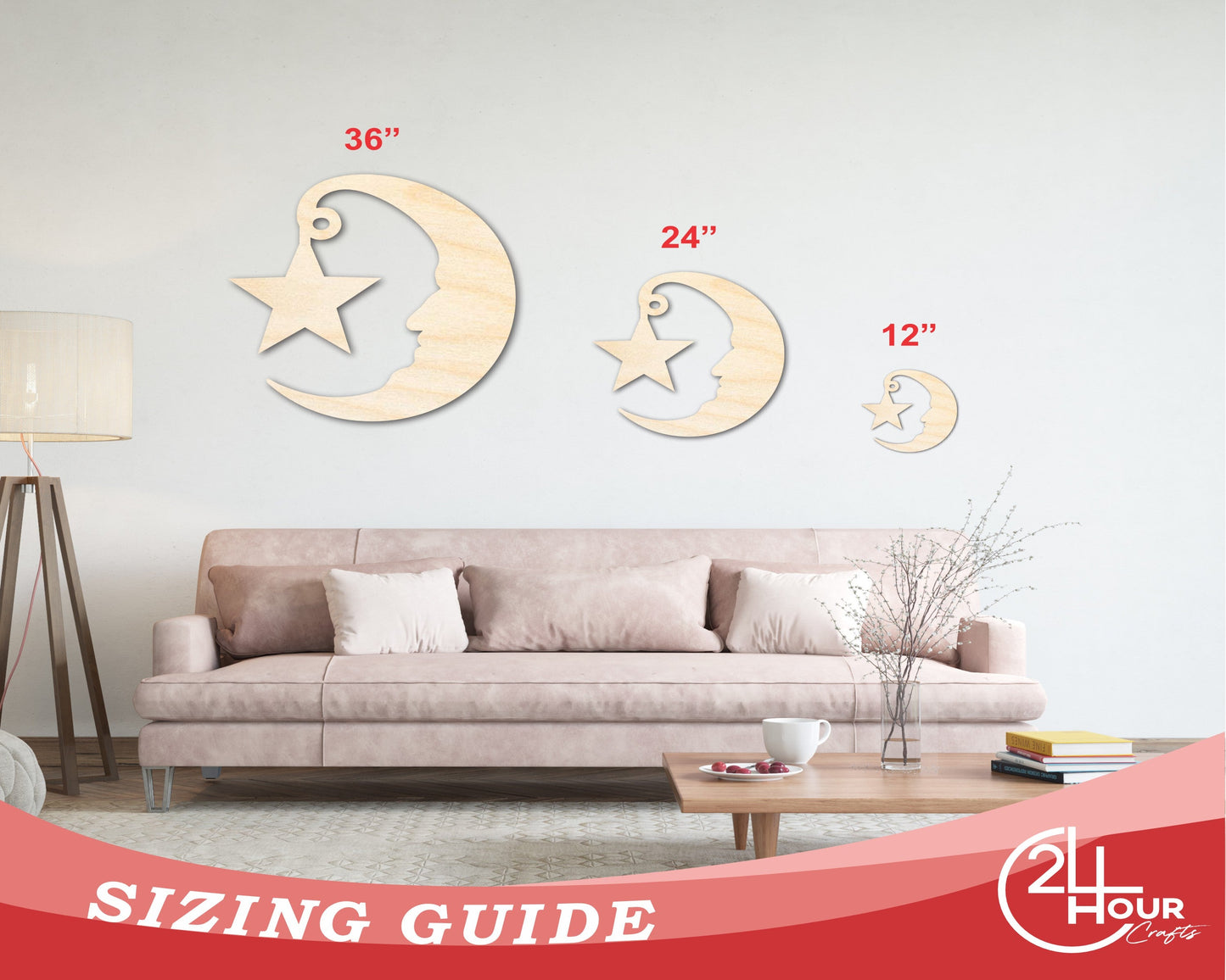 Unfinished Wood Moon and Star Silhouette Shape - Craft - up to 46"
