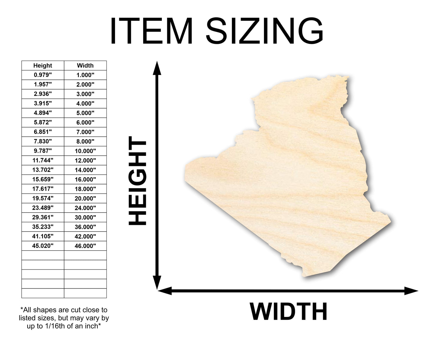 Unfinished Wood Algeria Silhouette Shape - Craft - up to 46"