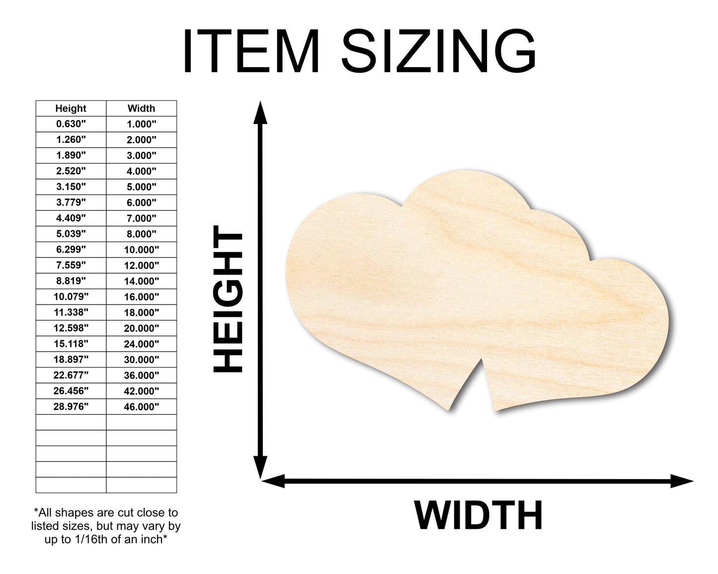 Unfinished Wood Double Heart Shape - Love Craft - up to 46"