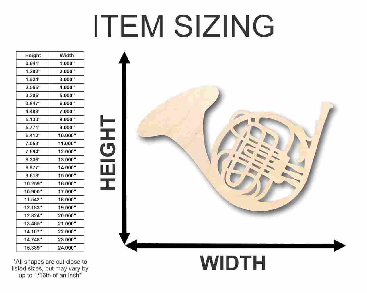 Unfinished Wood French Horn Shape - Music - Craft - up to 46" DIY