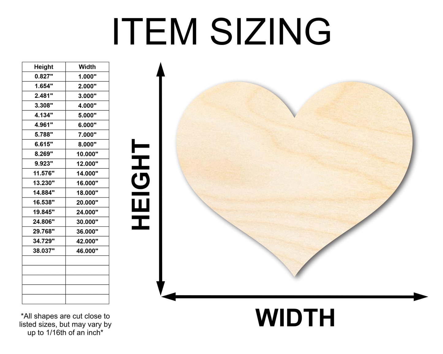 Unfinished Wood Classic Heart | Valentines Day | Weddings | Craft Cutout | Up to 46"