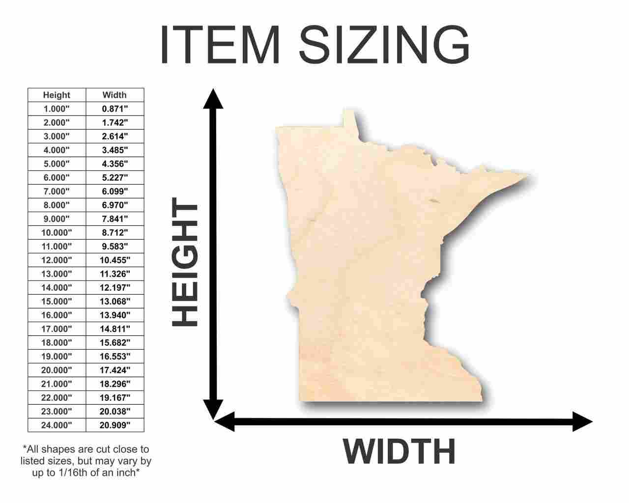 Unfinished Wood Minnesota Shape - State - Craft - up to 46" DIY