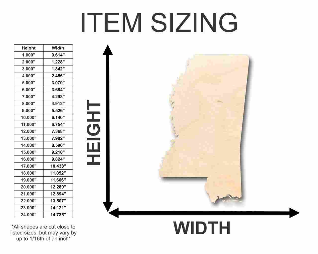 Unfinished Wood Mississippi Shape - State - Craft - up to 46" DIY