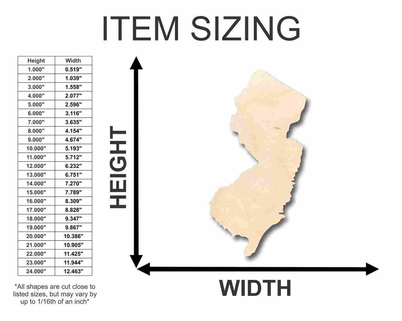 Unfinished Wood New Jersey Shape - State - Craft - up to 46" DIY
