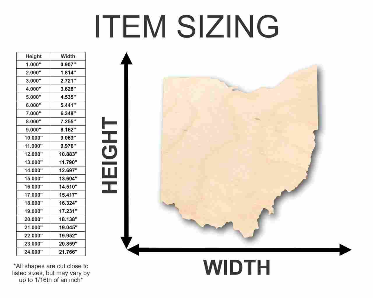 Unfinished Wood Ohio Shape - State - Craft - up to 46" DIY
