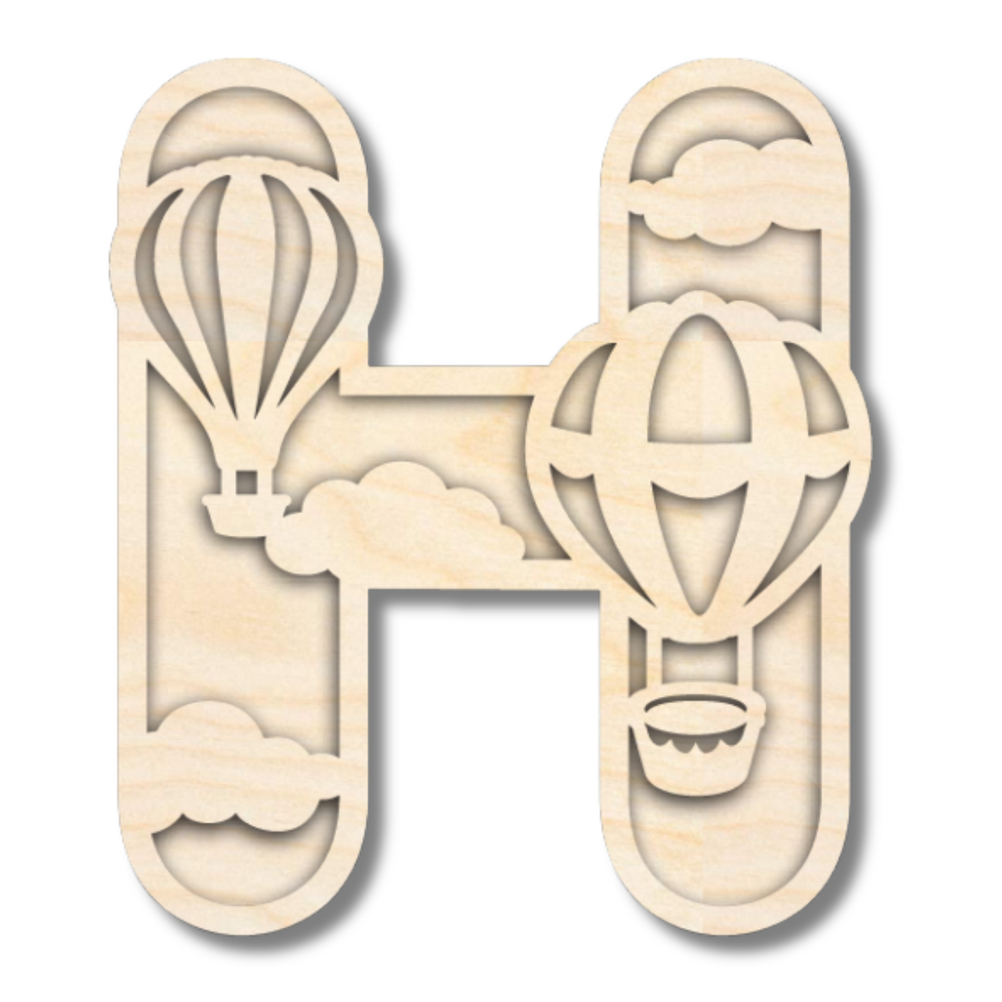 Unfinished Wood Layered Themed Letters | Clouds & Hot Air Balloons | A-Z | 2 Piece | up to 24"