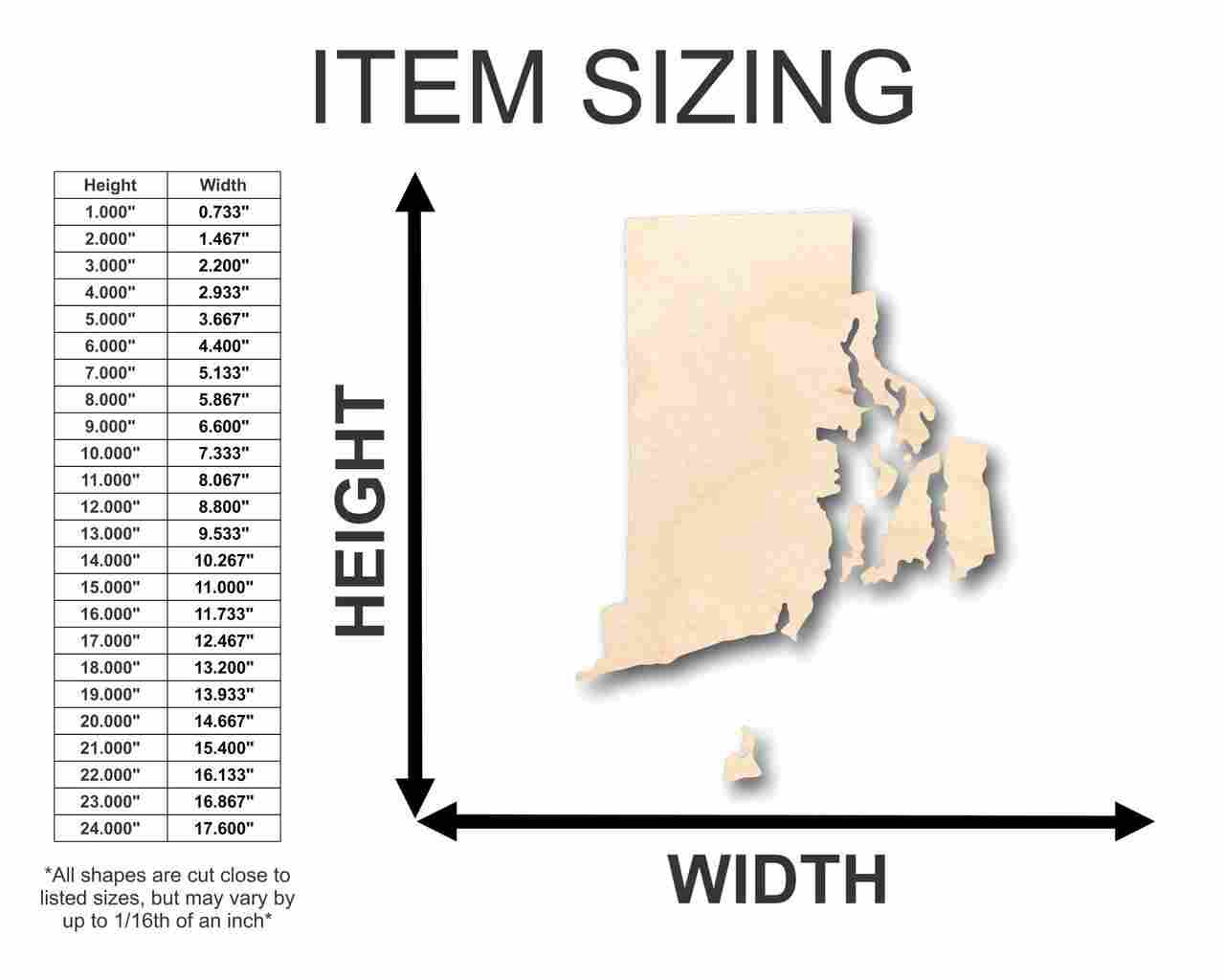 Unfinished Wood Rhode Island Shape - State - Craft - up to 46" DIY