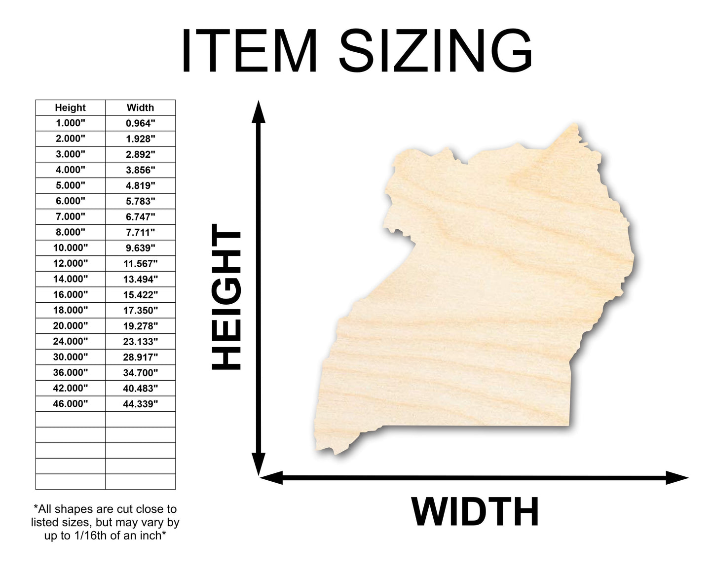 Unfinished Wood Uganda Country Shape - East Africa Craft - up to 46" DIY