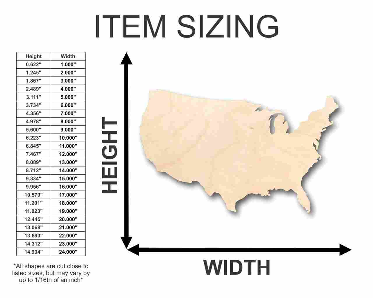 Unfinished Wood Continental United States Shape - USA - Country - Craft - up to 46" DIY