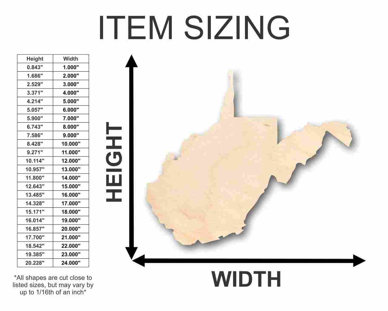Unfinished Wood West Virginia Shape - State - Craft - up to 46" DIY