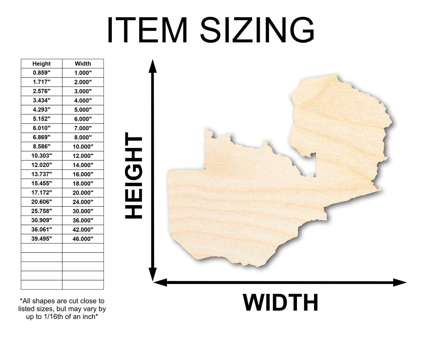 Unfinished Wood Zambia Country Shape - Southern Africa Craft - up to 46" DIY