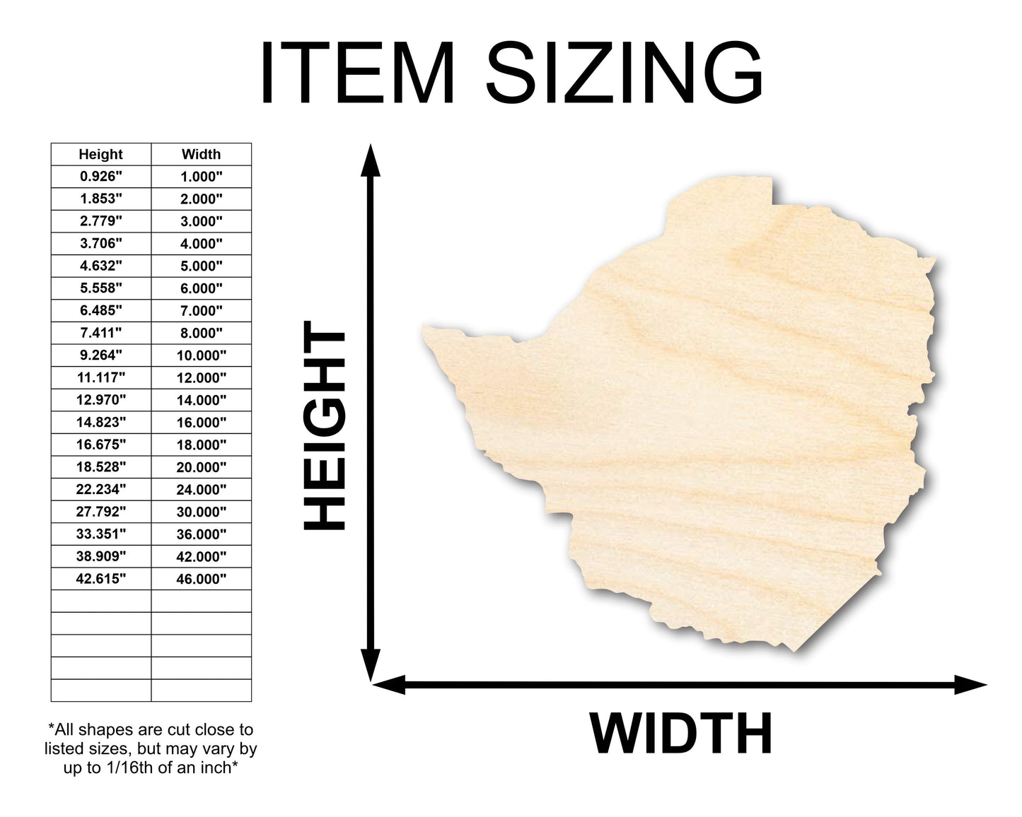 Unfinished Wood Zimbabwe Country Shape - Southern Africa Craft - up to 46" DIY