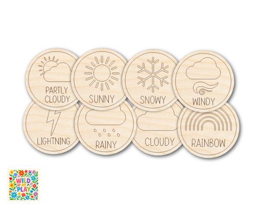 Unfinished Wood Weather Token Pack  | Wild at Play | 8 pc |  3" | 1/8" Wood | DIY Craft Cutout |