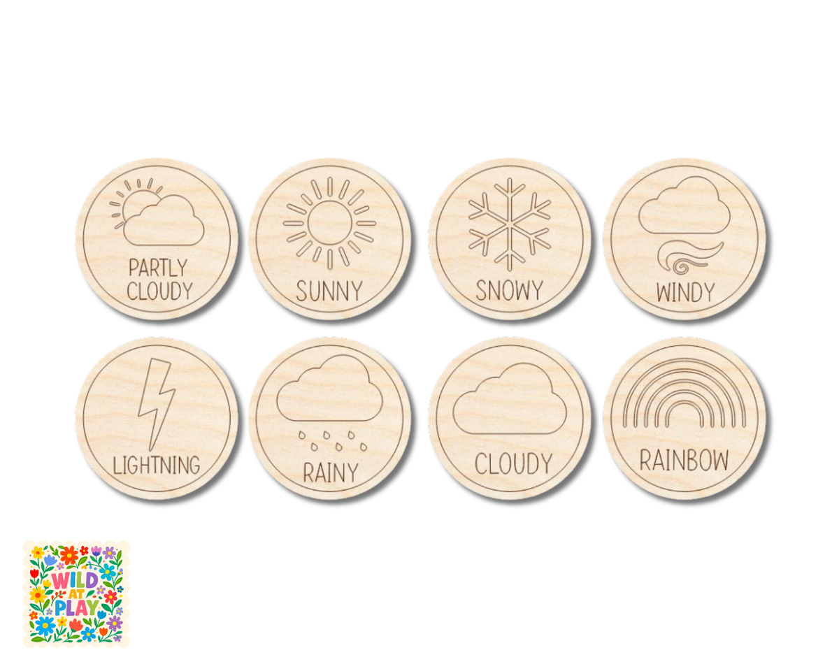Unfinished Wood Weather Token Pack  | Wild at Play | 8 pc |  3" | 1/8" Wood | DIY Craft Cutout |
