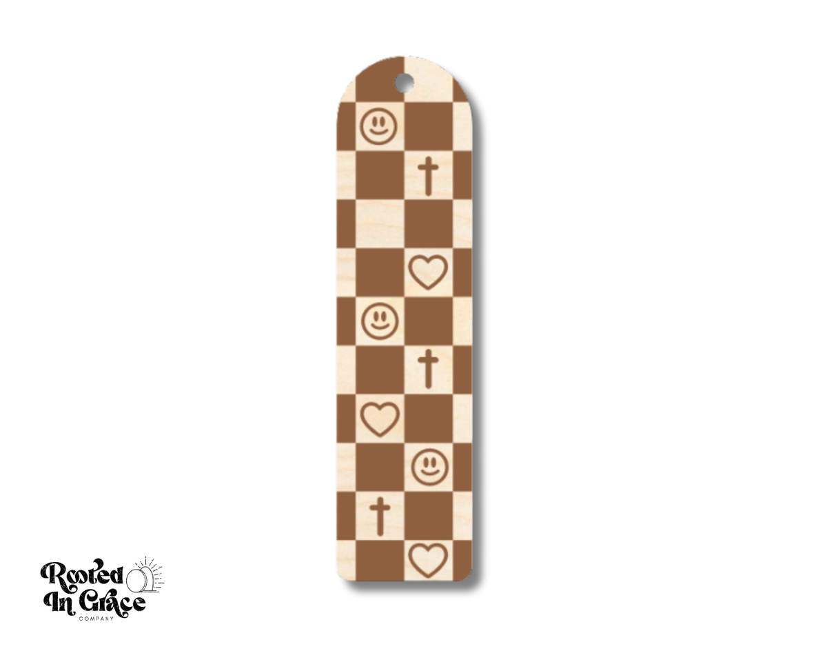 Unfinished Wood Checkered Cross Bookmark | Engraved | Rooted in Faith | up to 12" DIY