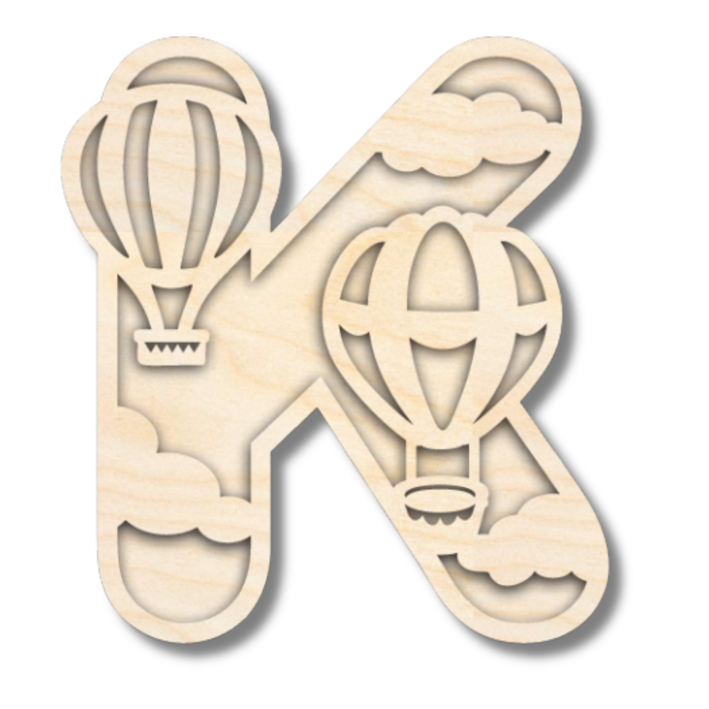 Unfinished Wood Layered Themed Letters | Clouds & Hot Air Balloons | A-Z | 2 Piece | up to 24"