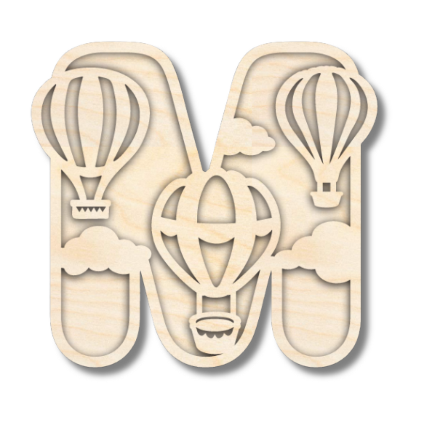 Unfinished Wood Layered Themed Letters | Clouds & Hot Air Balloons | A-Z | 2 Piece | up to 24"