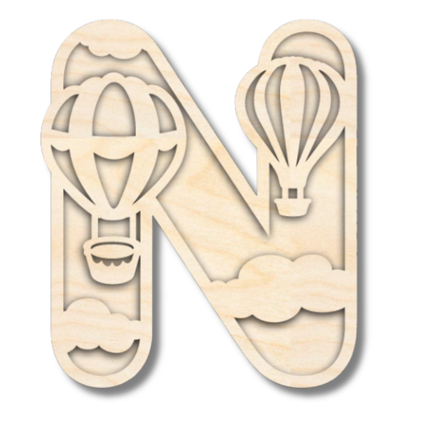 Unfinished Wood Layered Themed Letters | Clouds & Hot Air Balloons | A-Z | 2 Piece | up to 24"