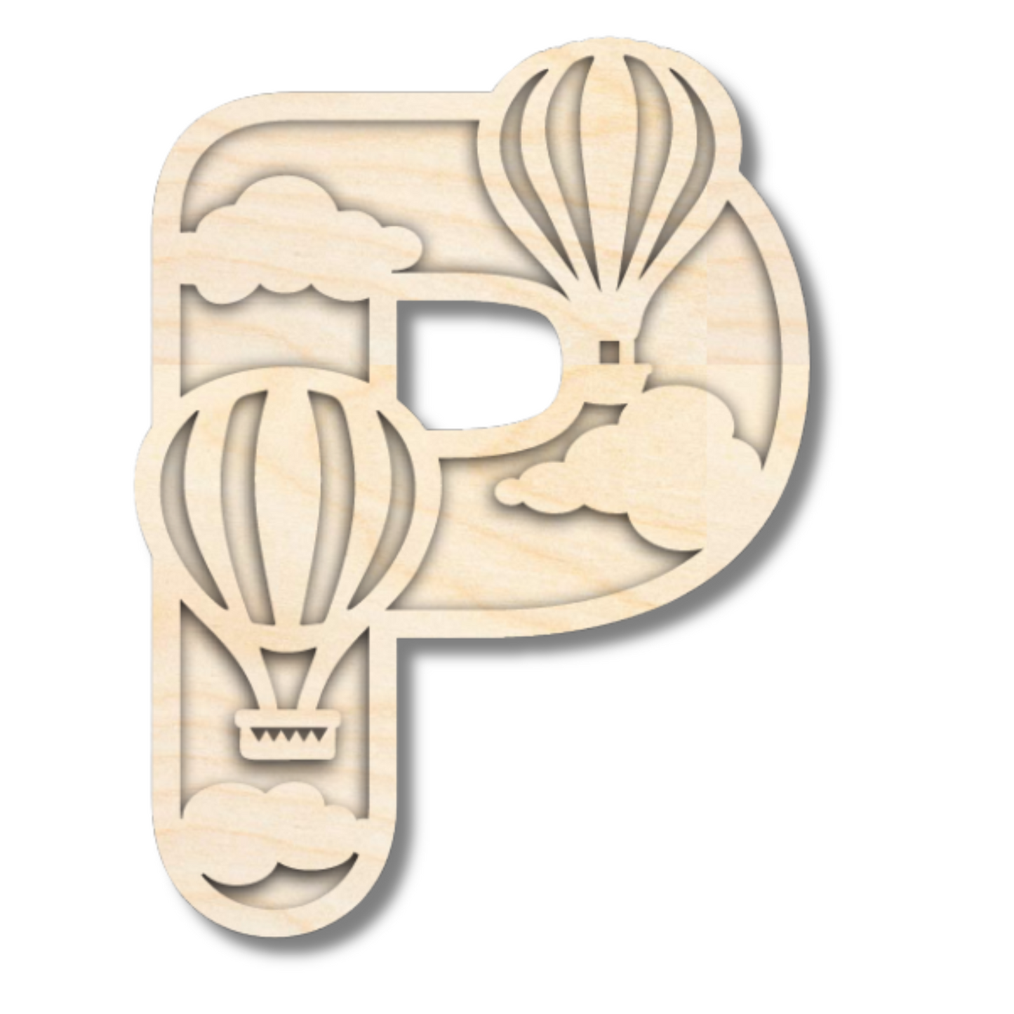 Unfinished Wood Layered Themed Letters | Clouds & Hot Air Balloons | A-Z | 2 Piece | up to 24"