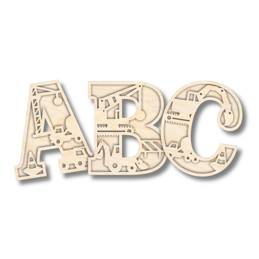 Unfinished Wood Layered Themed Letters | Construction | A-Z | 2 Piece | up to 24"