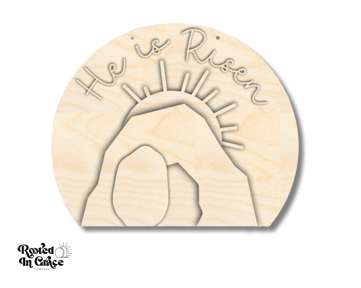 Unfinished Wood He Is Risen Door Sign Kit | Rooted in Faith | 18" | Wood Craft Cutouts | 1/4" Thick |