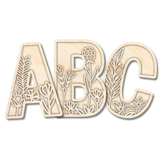 Unfinished Wood Layered Themed Letters | Wild Flowers | A-Z | 2 Piece | up to 24"