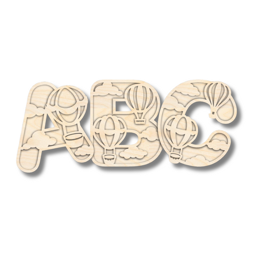 Unfinished Wood Layered Themed Letters | Clouds & Hot Air Balloons | A-Z | 2 Piece | up to 24"