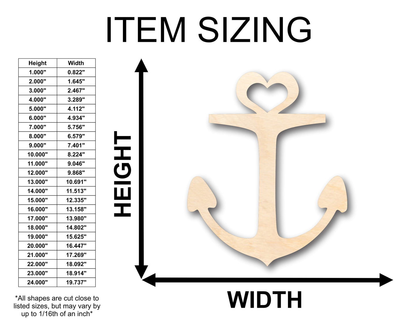 Unfinished Wood Heart Anchor Shape - Craft - up to 46" DIY