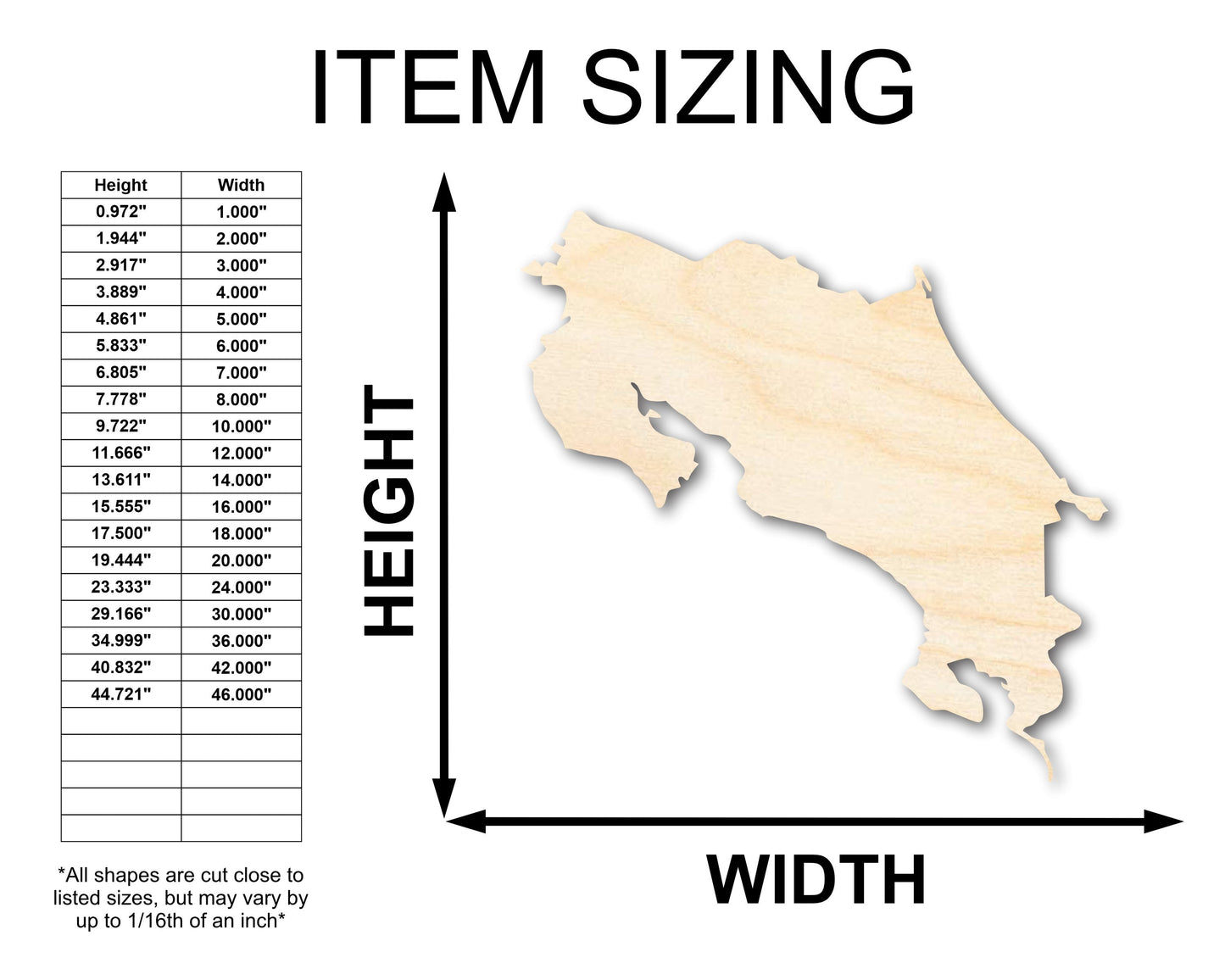 Unfinished Wood Costa Rica Country Shape - Central America Craft - up to 46" DIY