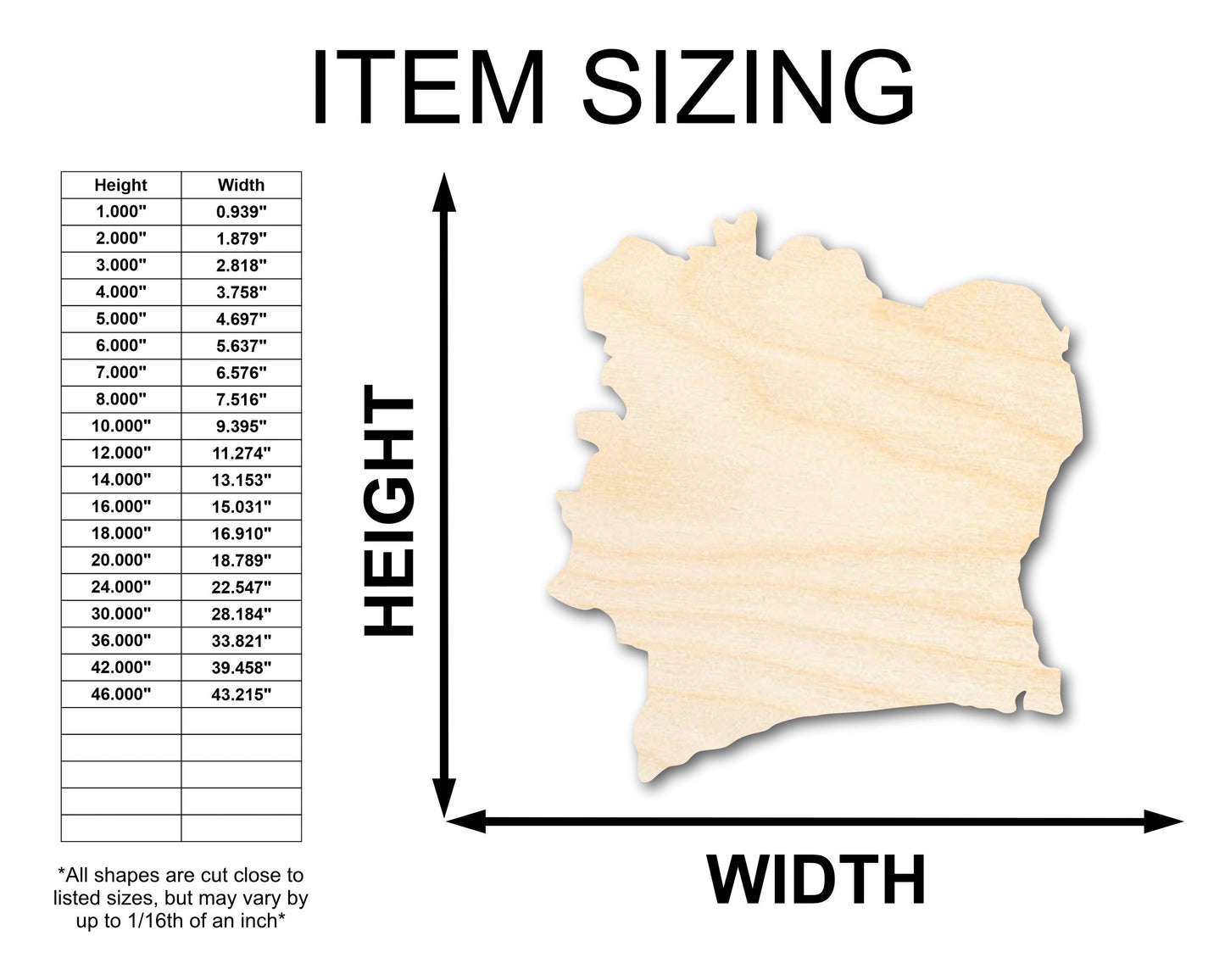 Unfinished Wood Cote d'Ivoire Country Shape - Ivory Coast West Africa Craft - up to 46" DIY