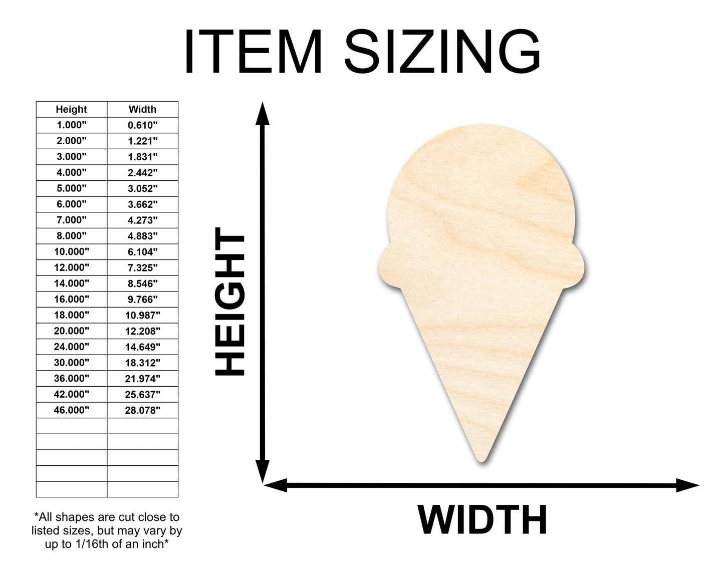 Unfinished Wood Ice Cream Cone Silhouette | Single Scoop | Craft Cutout | up to 46" DIY
