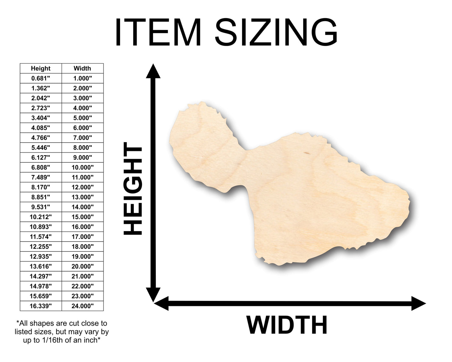 Unfinished Wood Maui Hawaii Island Shape - Craft - up to 46" DIY