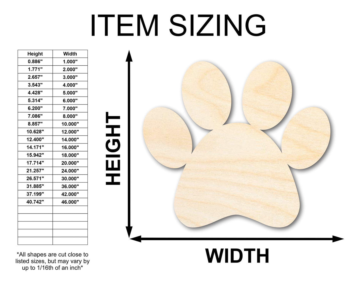 Unfinished Wood Paw Print Shape - Pet Craft - up to 46"