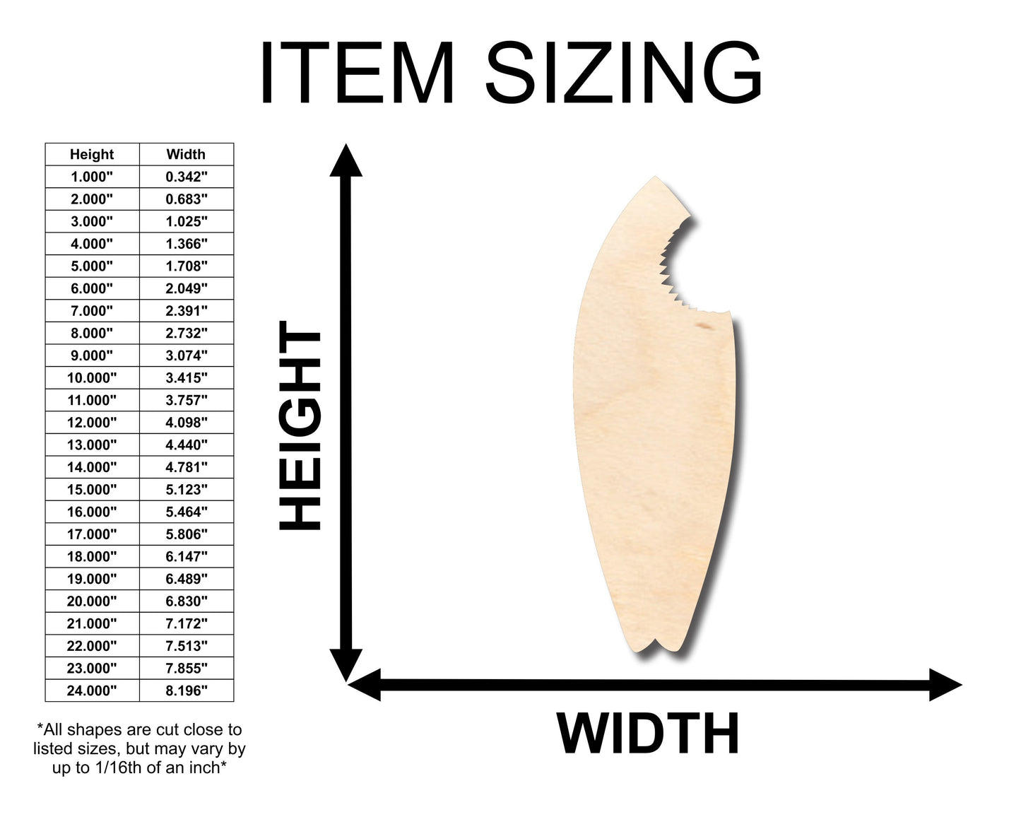 Unfinished Wood Shark Bite Surf Board Shape - Craft - up to 46" DIY