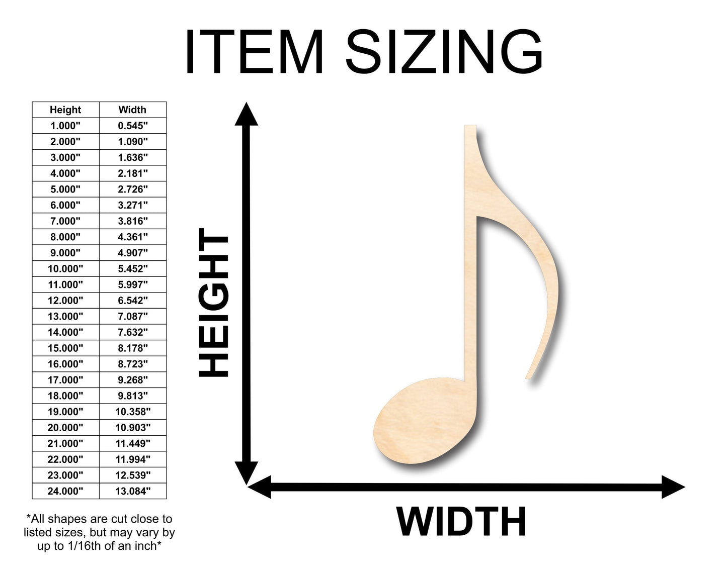 Unfinished Wood Sixteenth Note Music Art Shape - Craft - up to 46" DIY